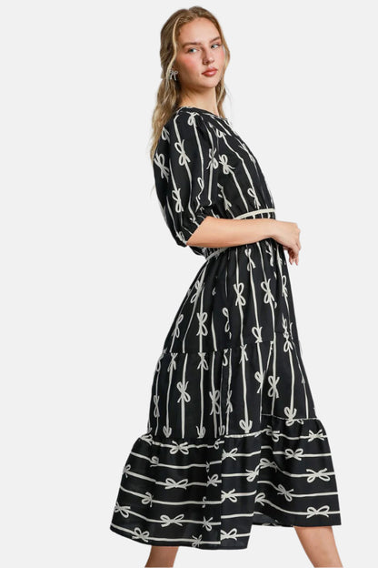 Bow Tie Print Notched Contrast Velvet Trim Midi Dress