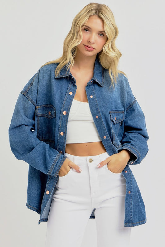 Oversized Snap Down Long Sleeve Denim Shacket