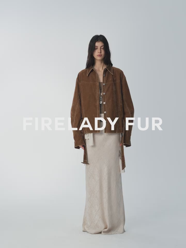 ‘Haruno Dream’ Retro Distressed Flocked Low Waist Long Sleeve Shirt Jacket