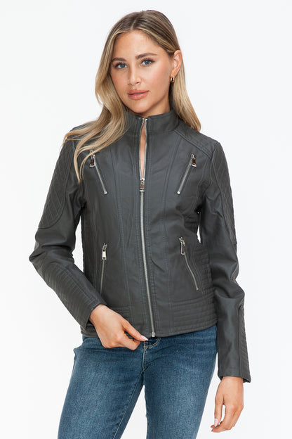 Charcoal Faux Leather Zip-Up Mock Neck Jacket