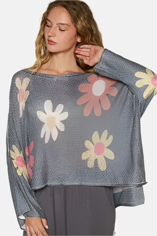 Flower Long Sleeve Knit Top Charcoal