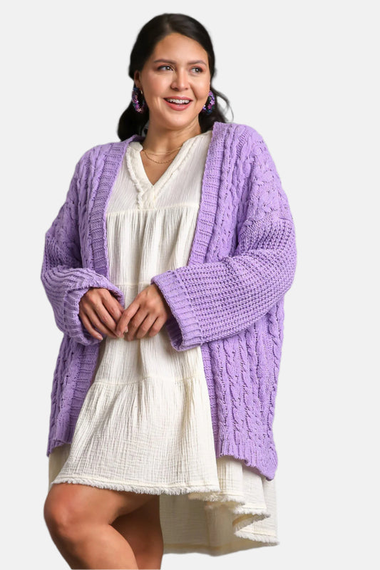 Cable Knit Open Front Long Sleeve Cardigan Lilac