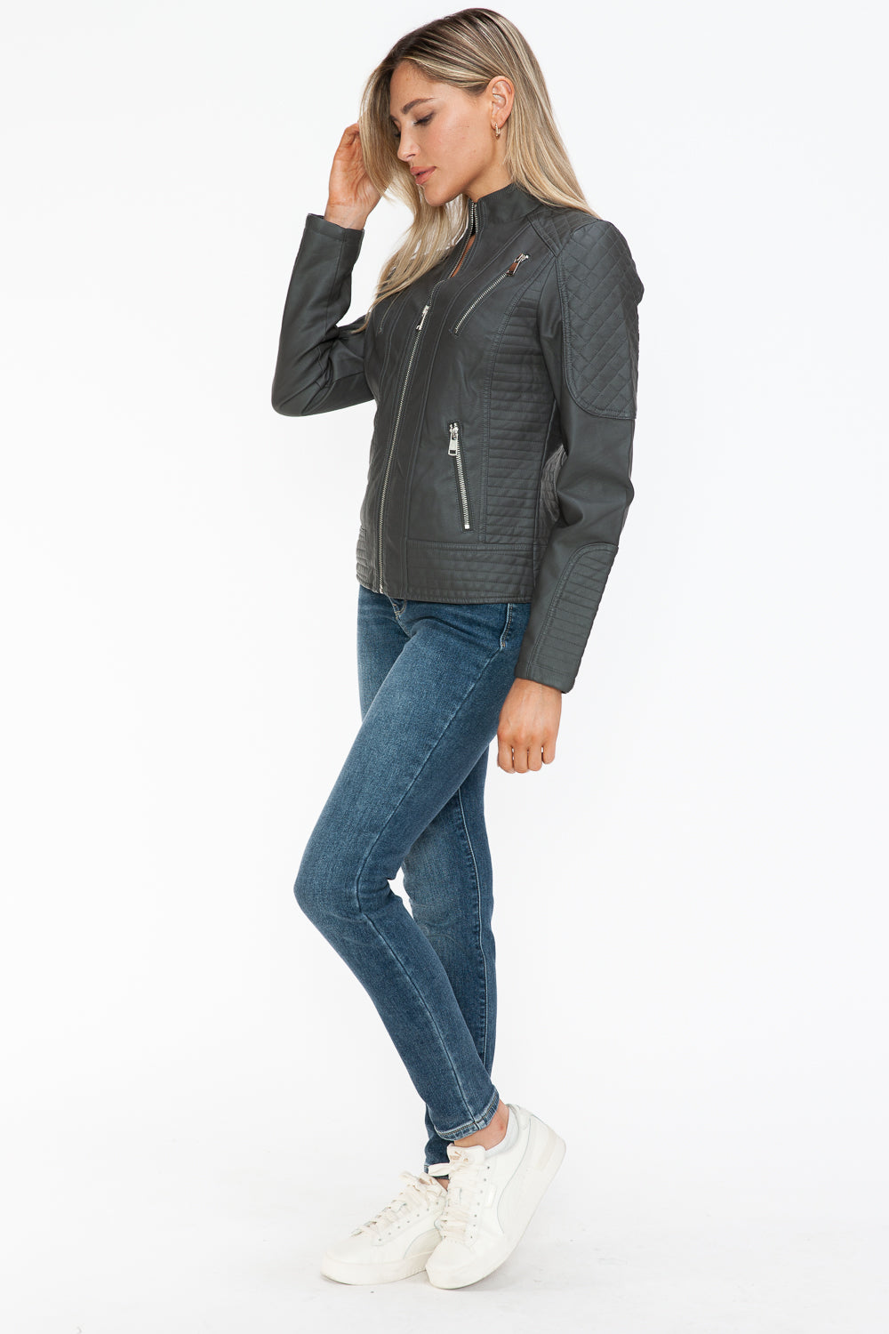 Charcoal Faux Leather Zip-Up Mock Neck Jacket