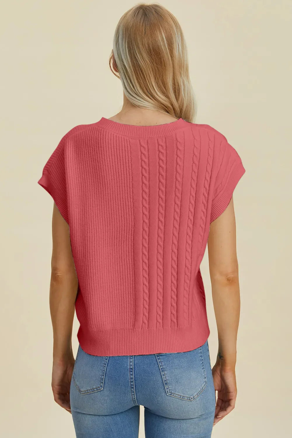 Double Take Cable-Knit Round Neck Short Sleeve Sweater