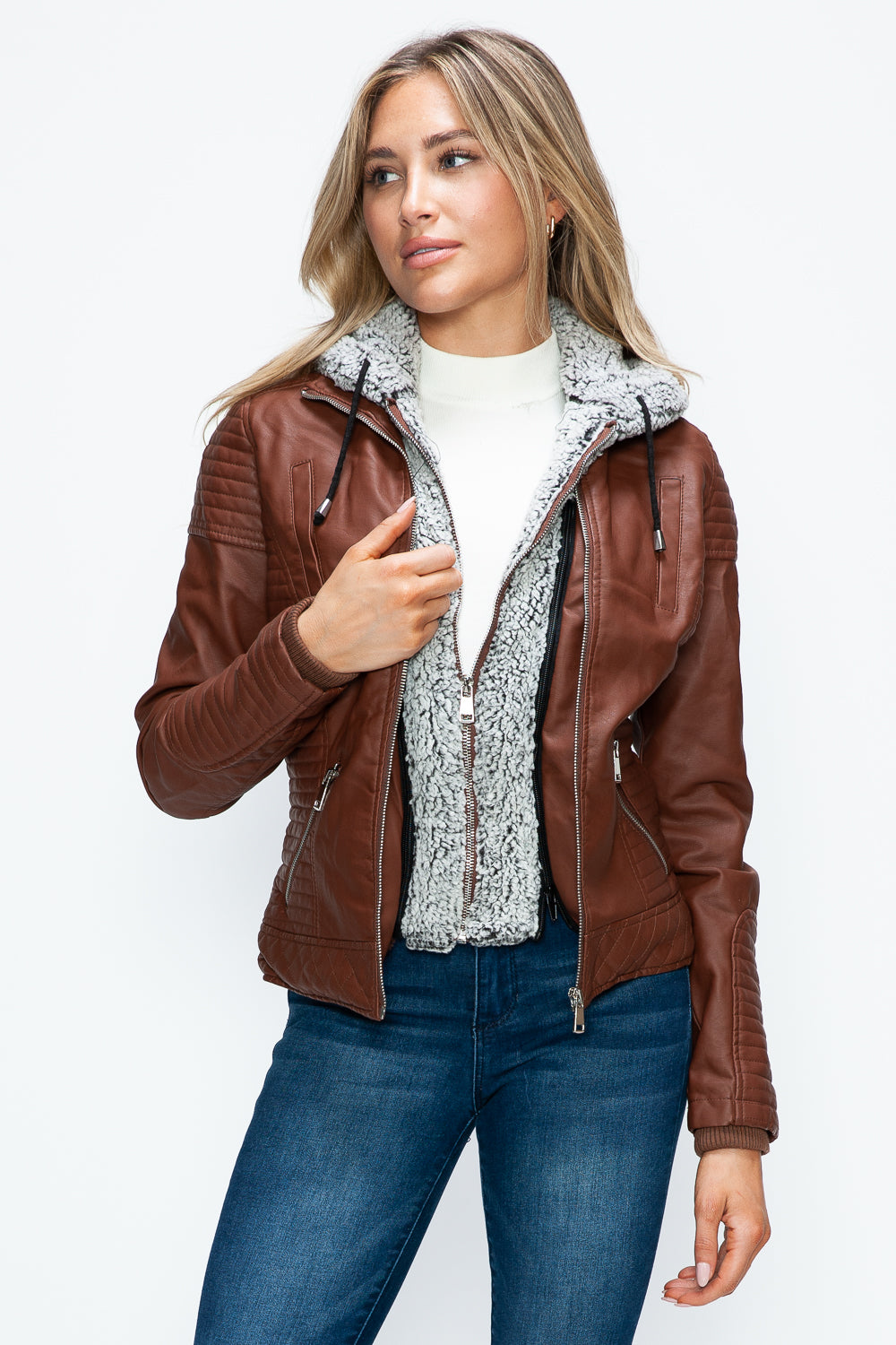 Faux Layered Double-Zipper Jacket with Fuzzy Hood Brown