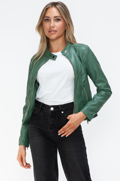 Sage Leather Zip-Up Drawstring Hooded Jacket