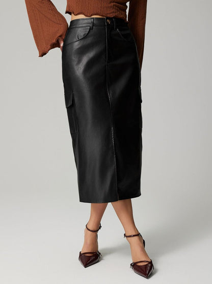 Faux Leather Slit Midi Skirt with Pockets