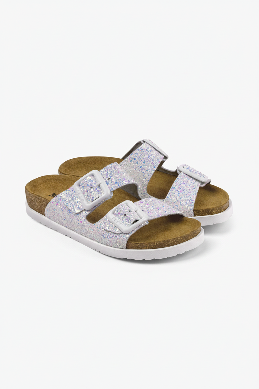 Siena II by LEON Women’s Leather Sandal | Glitter Double Buckle Slip-On