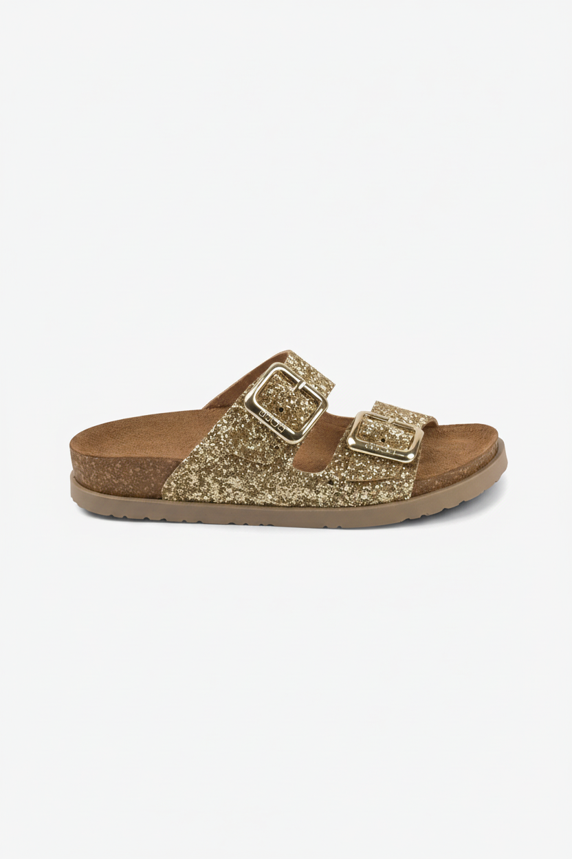 Siena II by LEON Women’s Leather Sandal | Glitter Double Buckle Slip-On