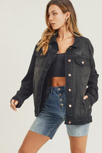 Black Distressed Long Sleeve Denim Jacket
