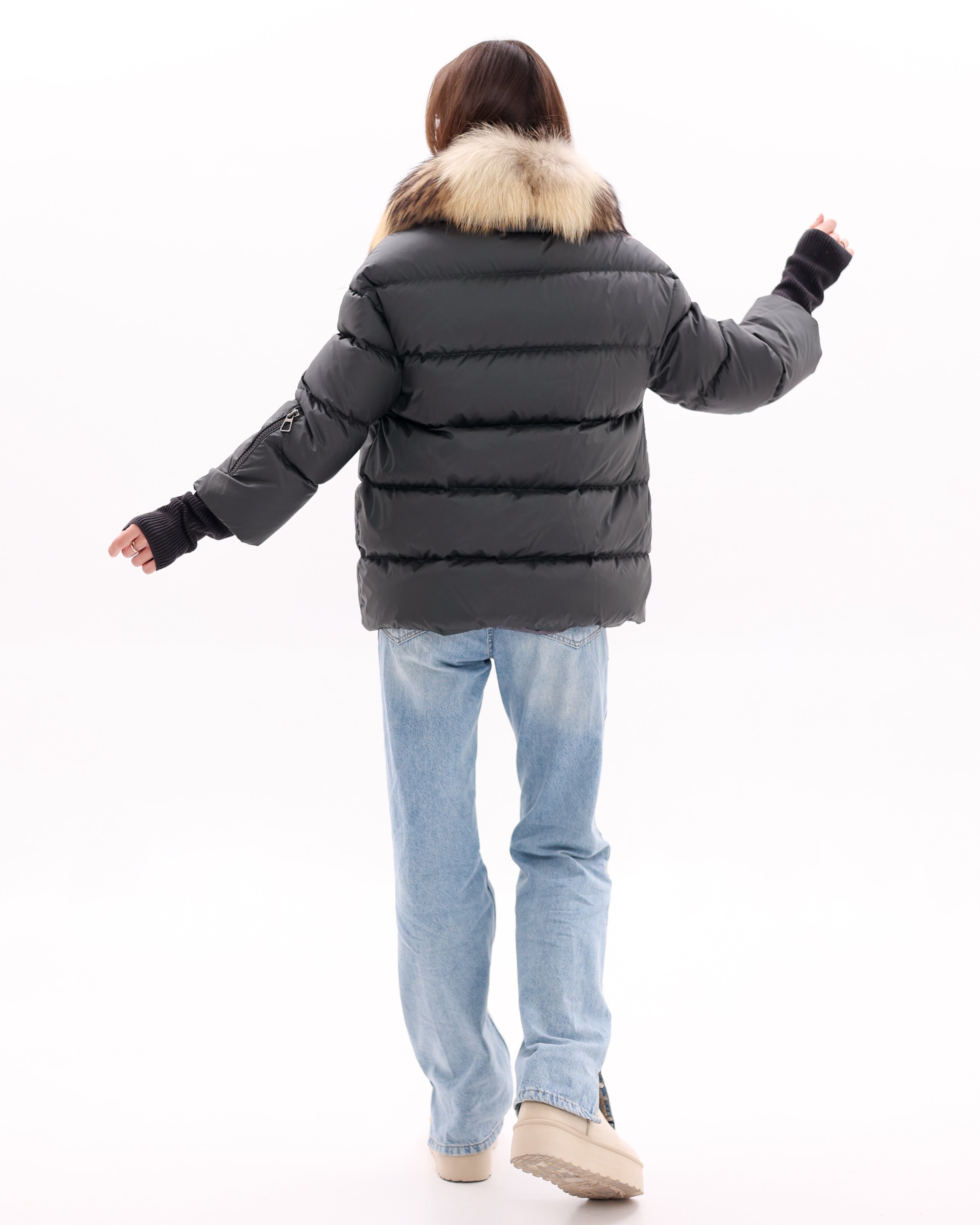 Genuine Fur Trim Down Fill Coat in Black