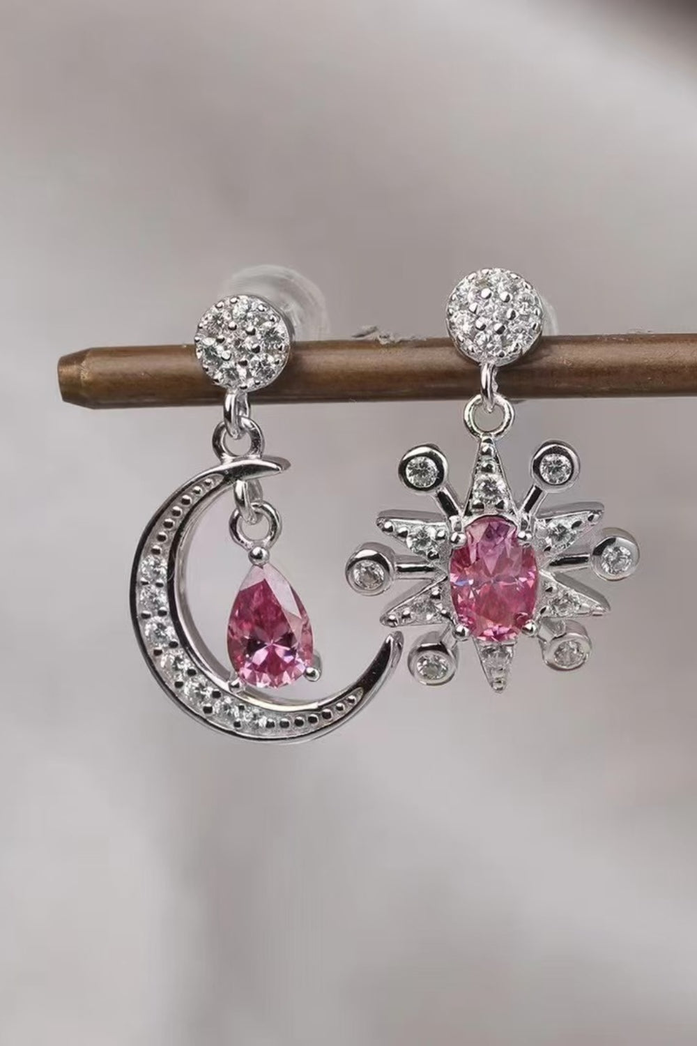 Moon & Star Earrings with Pink 2 Ct Moissanite