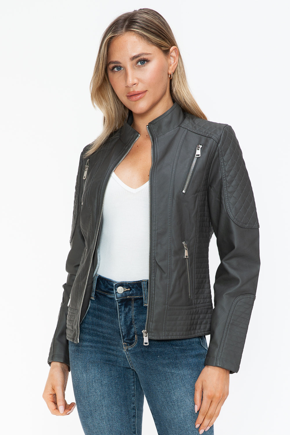 Charcoal Faux Leather Zip-Up Mock Neck Jacket