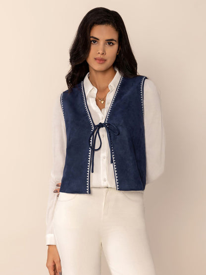 Navy Blue Tied Contrast Trim Vest