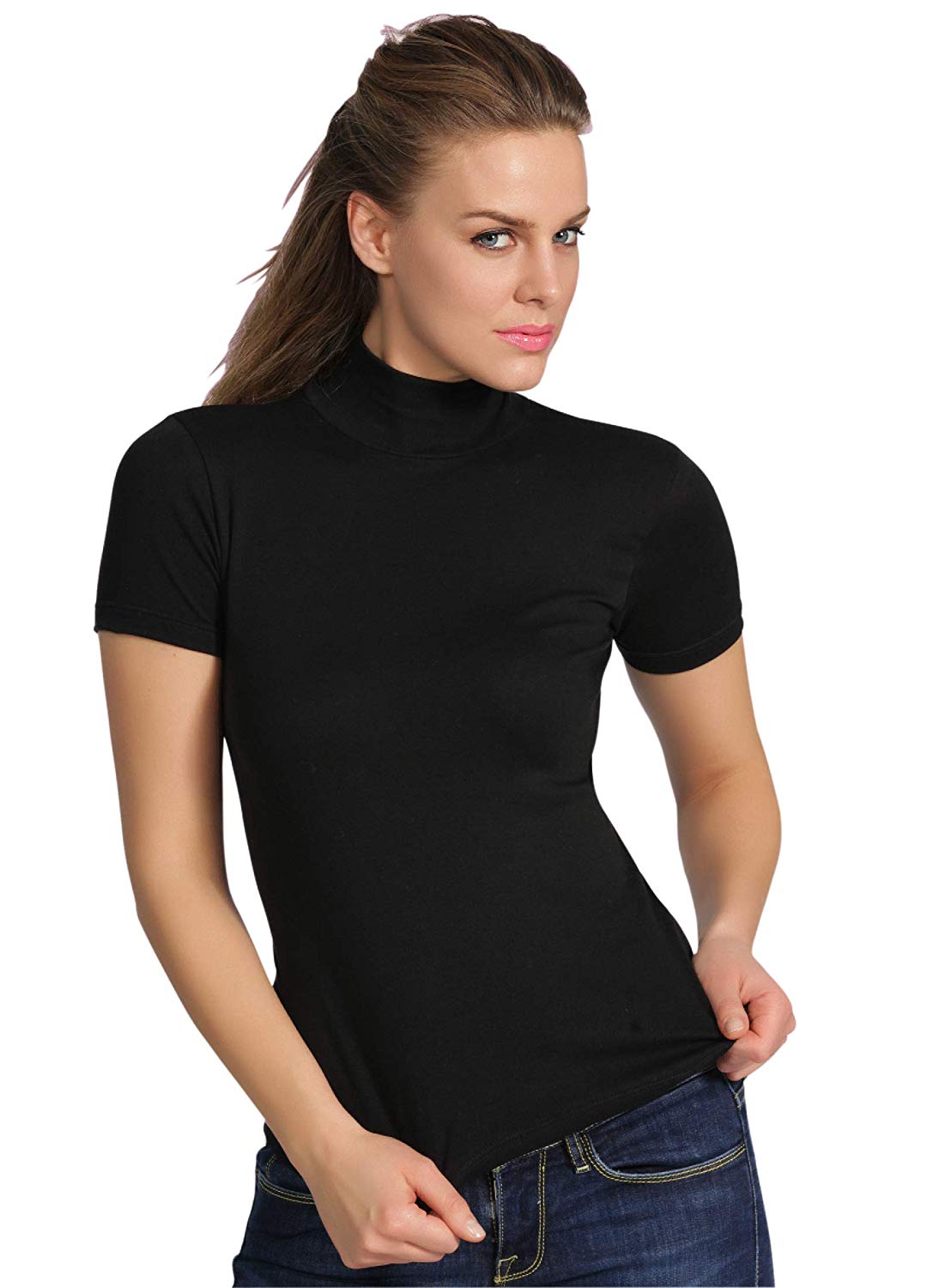 BASIC COTTON Free Spirit Premium Quality Cotton Women's Turtleneck Short Sleeve Shirt