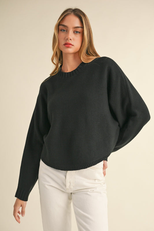 Black Round Neck Dolman Sleeve Cropped Sweater