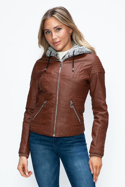 Faux Layered Double-Zipper Jacket with Fuzzy Hood Brown