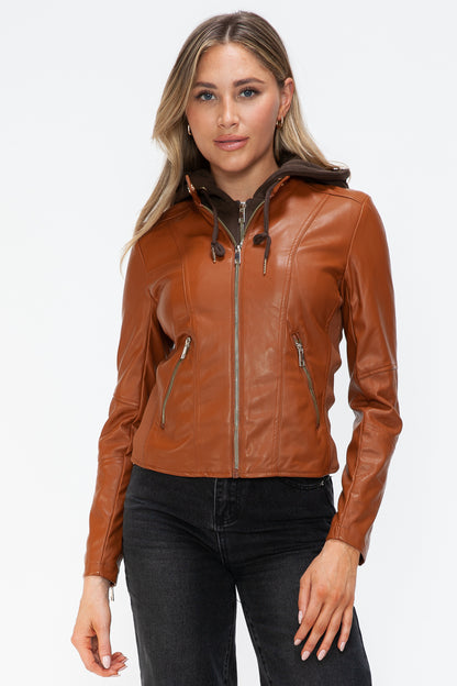 Camel Leather Zip-Up Drawstring Hooded Jacket