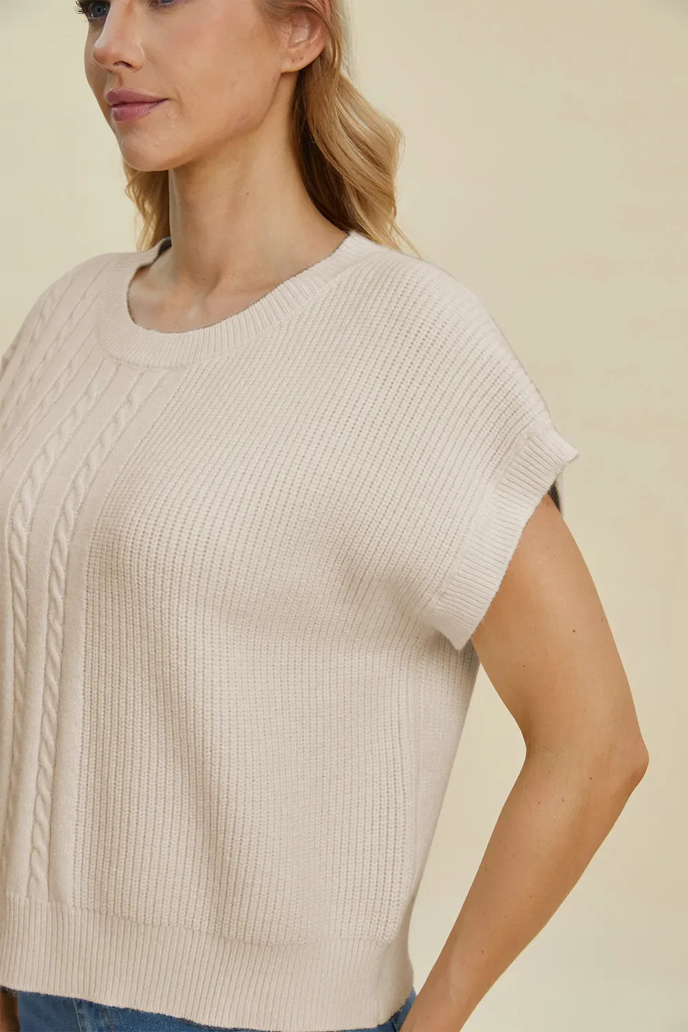 Double Take Cable-Knit Round Neck Short Sleeve Sweater