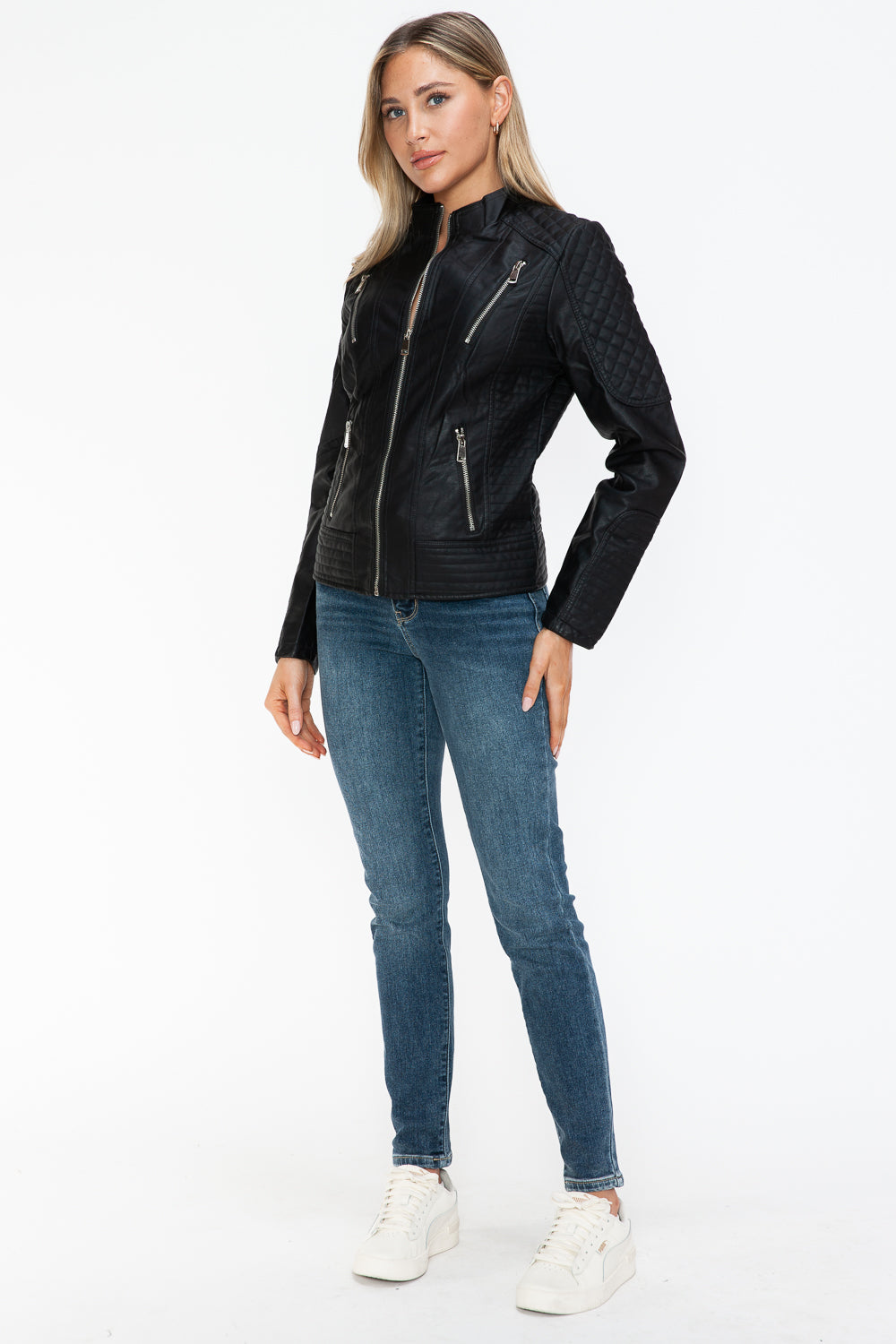 Black Faux Leather Zip-Up Mock Neck Jacket