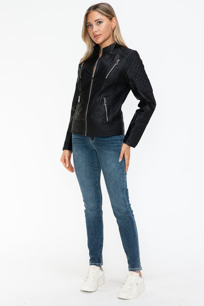 Black Faux Leather Zip-Up Mock Neck Jacket