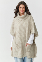 Oversized Wool Blend Turtleneck Poncho Sweater in Beige