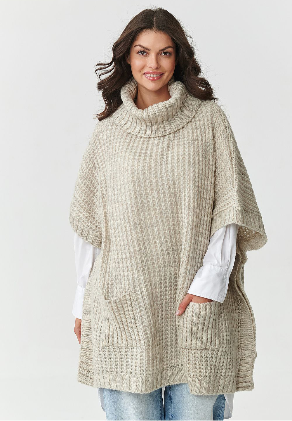 Oversized Wool Blend Turtleneck Poncho Sweater in Beige