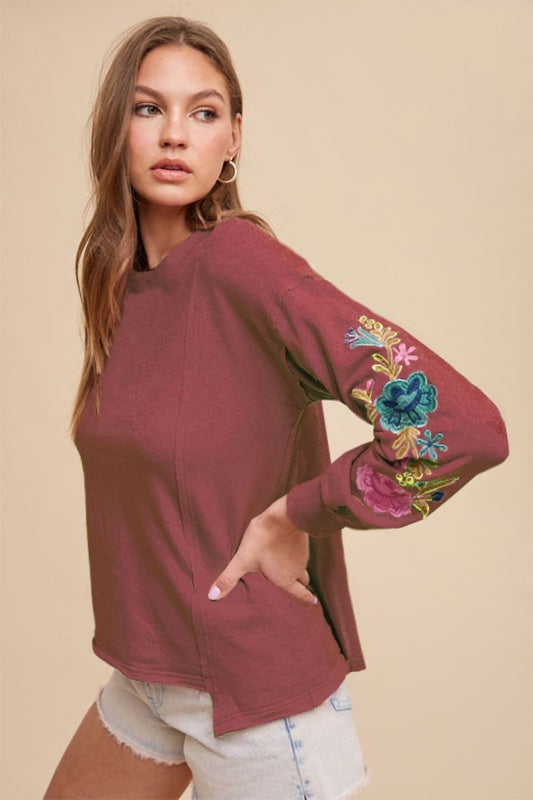 Burgundy Embroidered Long Sleeve French Terry Top