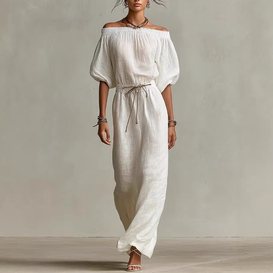 Women's Linen Pants Suit | Solid Color Lantern Sleeve Set
