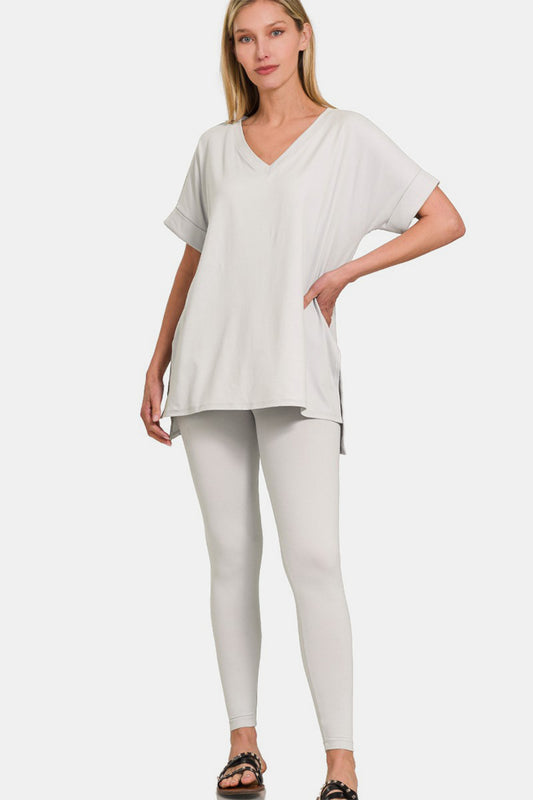 V-Neck Rolled Short Sleeve T-Shirt and Leggings Lounge Set