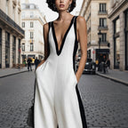 Women's Color-Block Sleeveless V-Neck Wide-Leg Jumpsuit