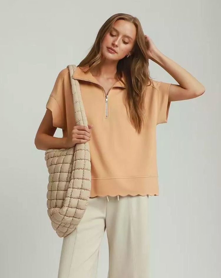 Umgee Half Zip Pullover with Scalloped Edge Hem