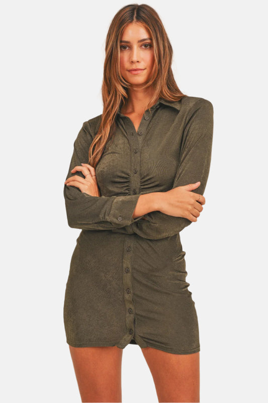 Front Ruched Button-Down Skinny Mini Shirt Dress Dark Olive