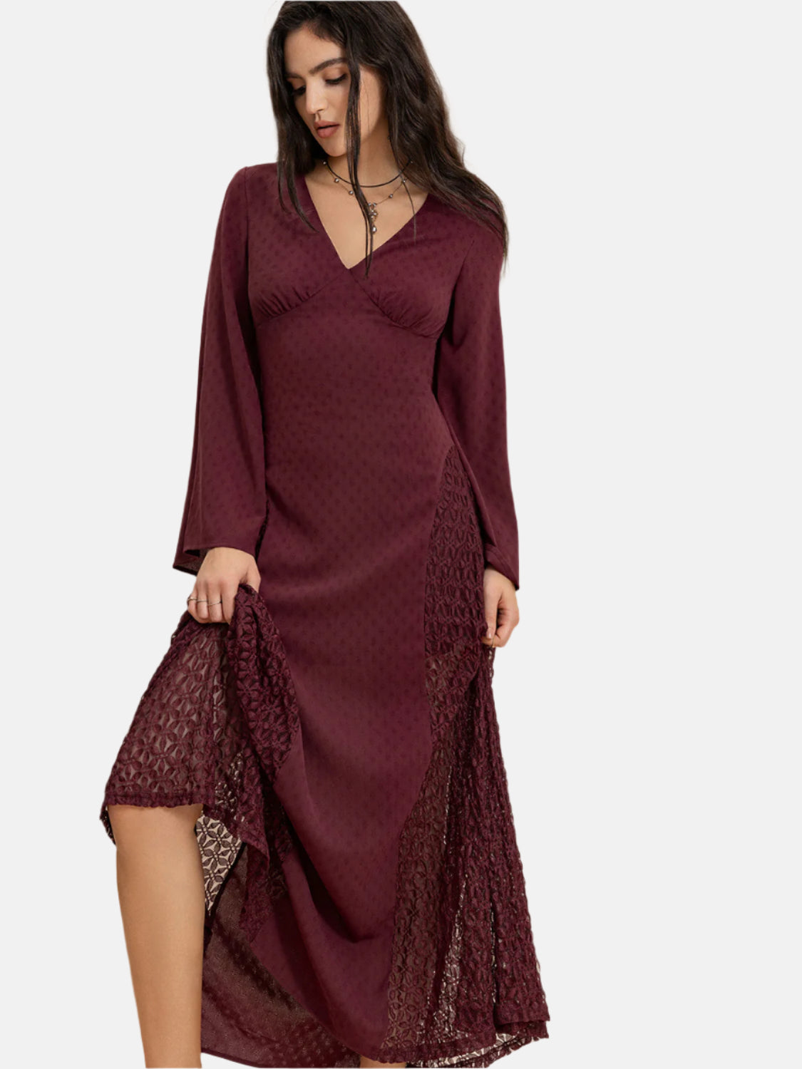 Lace Patchwork V-Neck Long Sleeve Midi Dress