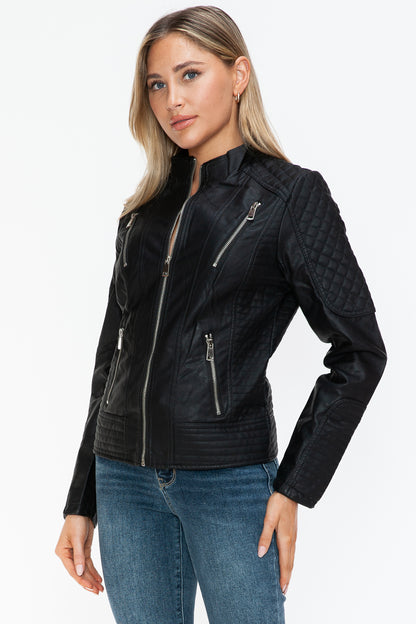 Black Faux Leather Zip-Up Mock Neck Jacket