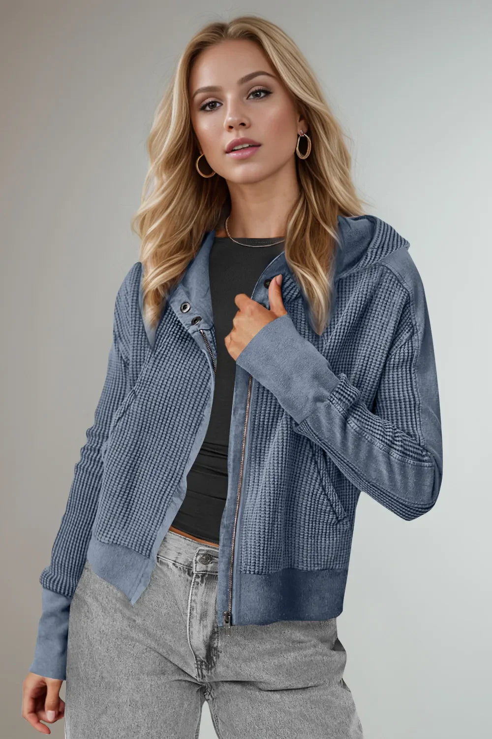 Double Take Waffle-Knit Zip-Up Hooded Jacket