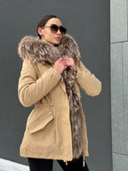 Genuine Silver Fur Trim Parka with Rabbit Fur Insulation Khaki