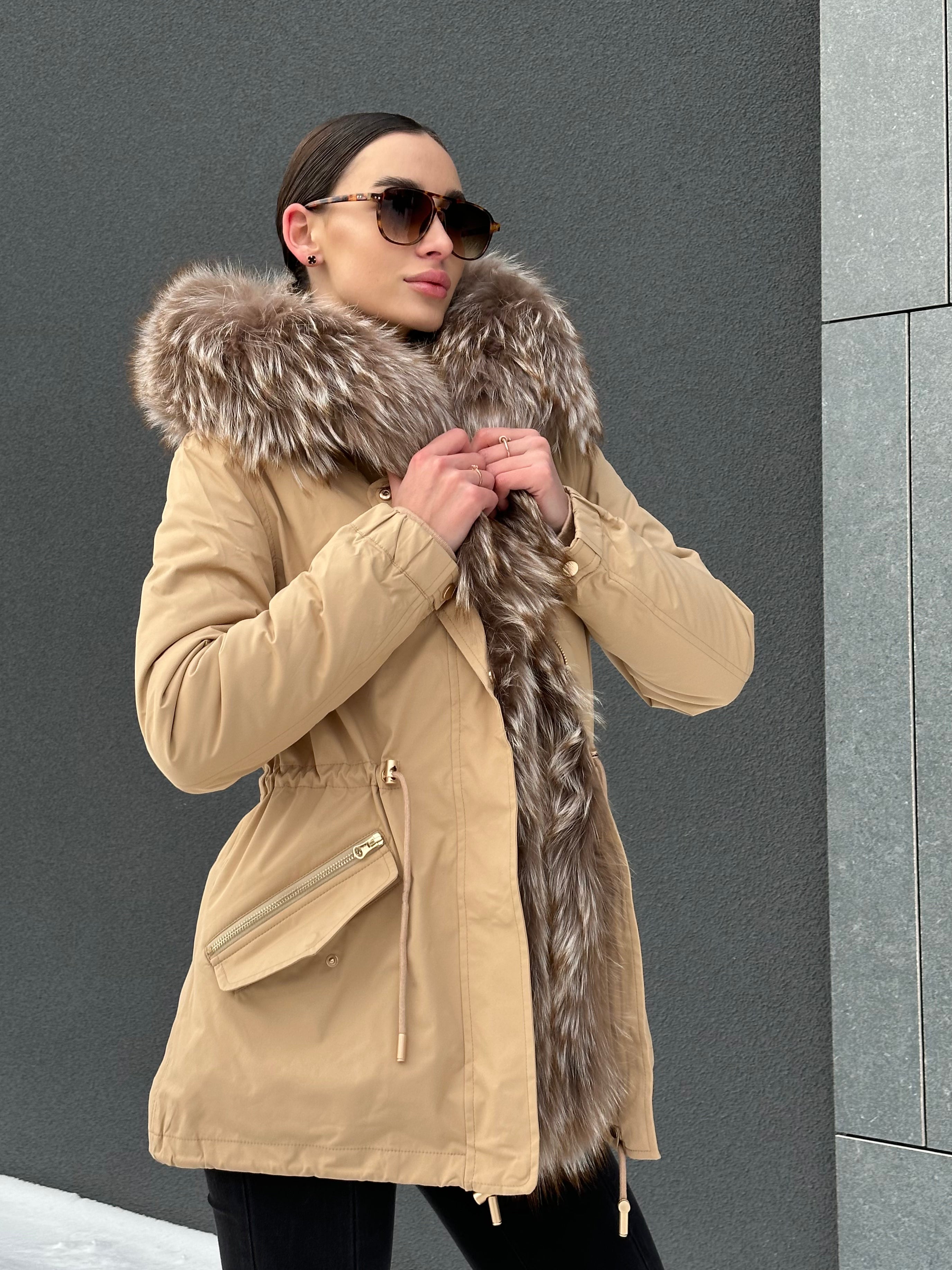 Genuine Silver Fur Trim Parka with Rabbit Fur Insulation Khaki