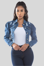 Mid Wash Distressed Denim Crop Jacket