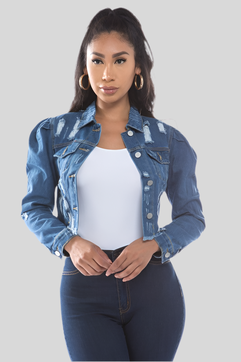 Mid Wash Distressed Denim Crop Jacket