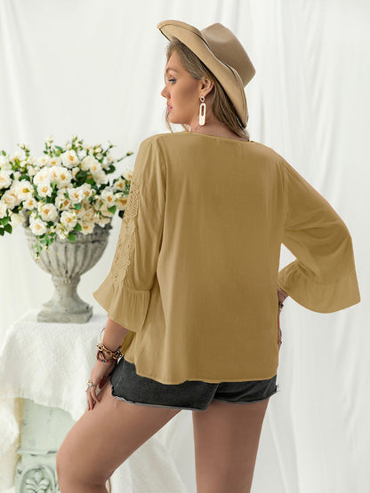 Lace Detail V-Neck Flounce Sleeve Blouse