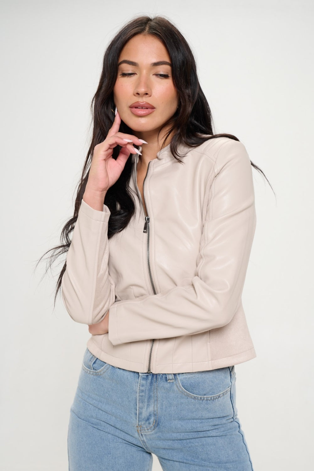 Cream Color Zip-Up Vegan Moto Jacket