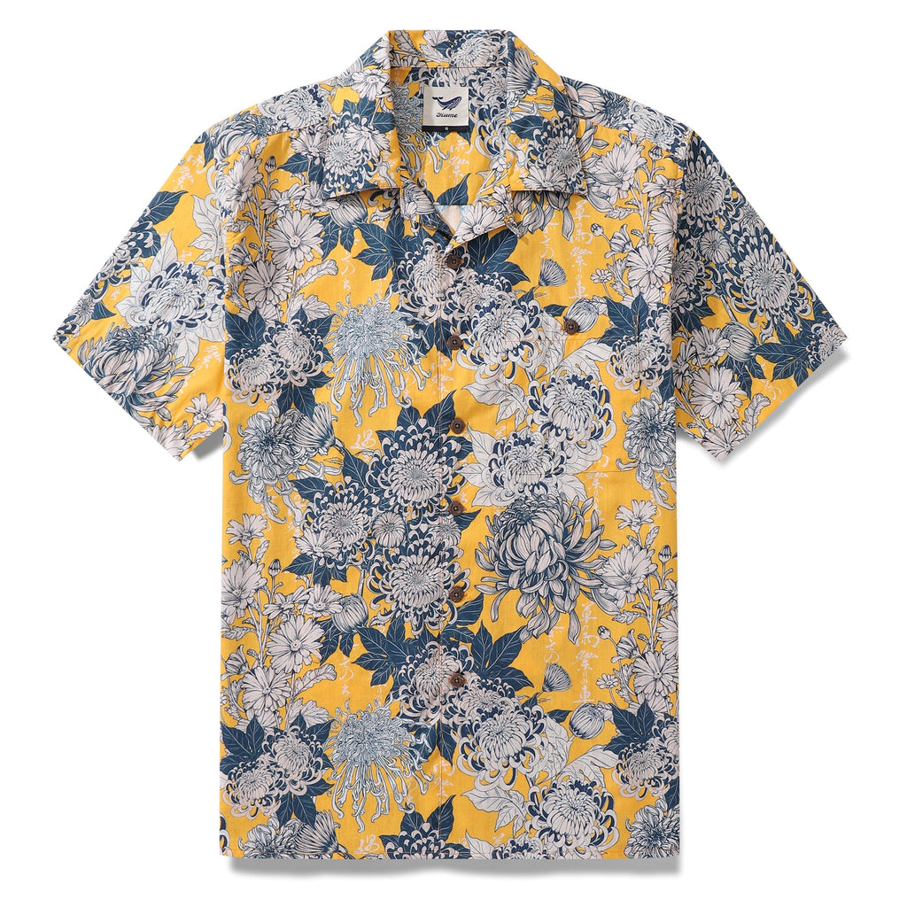 Yellow Hawaiian Japanese Flower Cotton Shirt