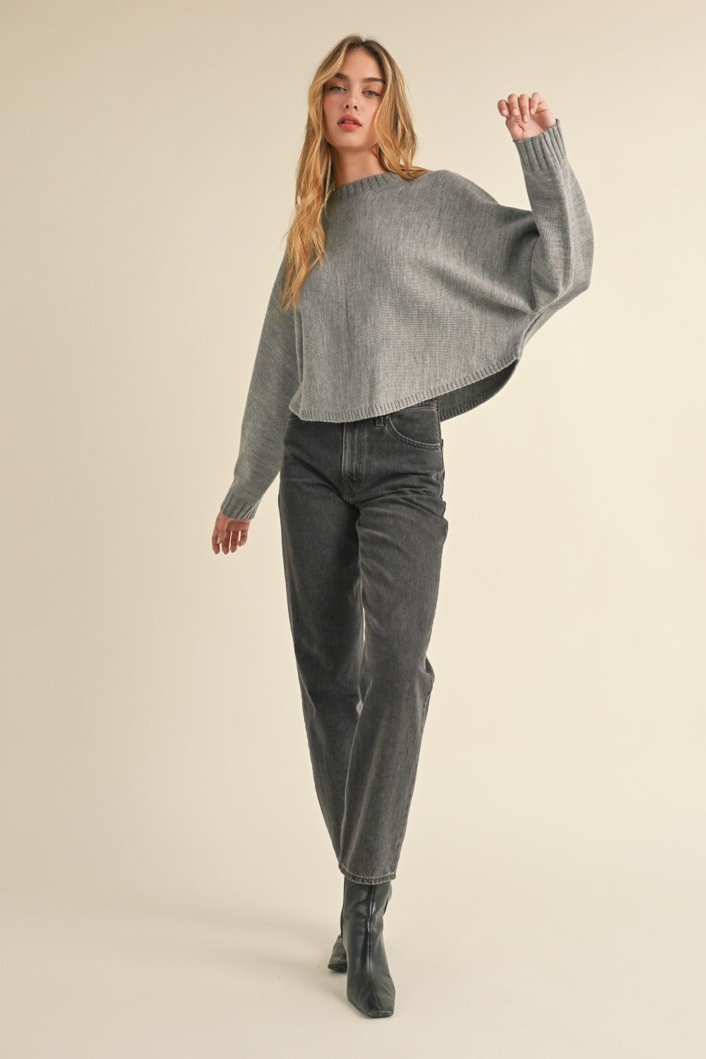 Grey Round Neck Dolman Sleeve Cropped Sweater