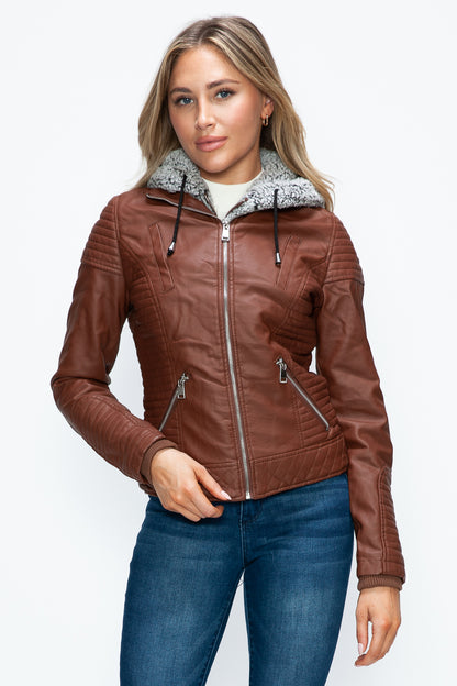 Faux Layered Double-Zipper Jacket with Fuzzy Hood Brown