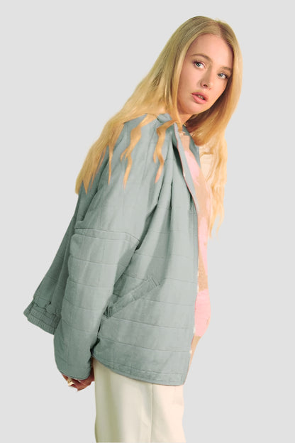 Quilted Zip-Up Dropped Shoulder Jacket Grey Blue