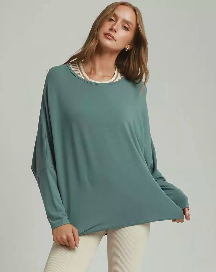 Batwing Round Neck Long Sleeve Top | Slate Blue