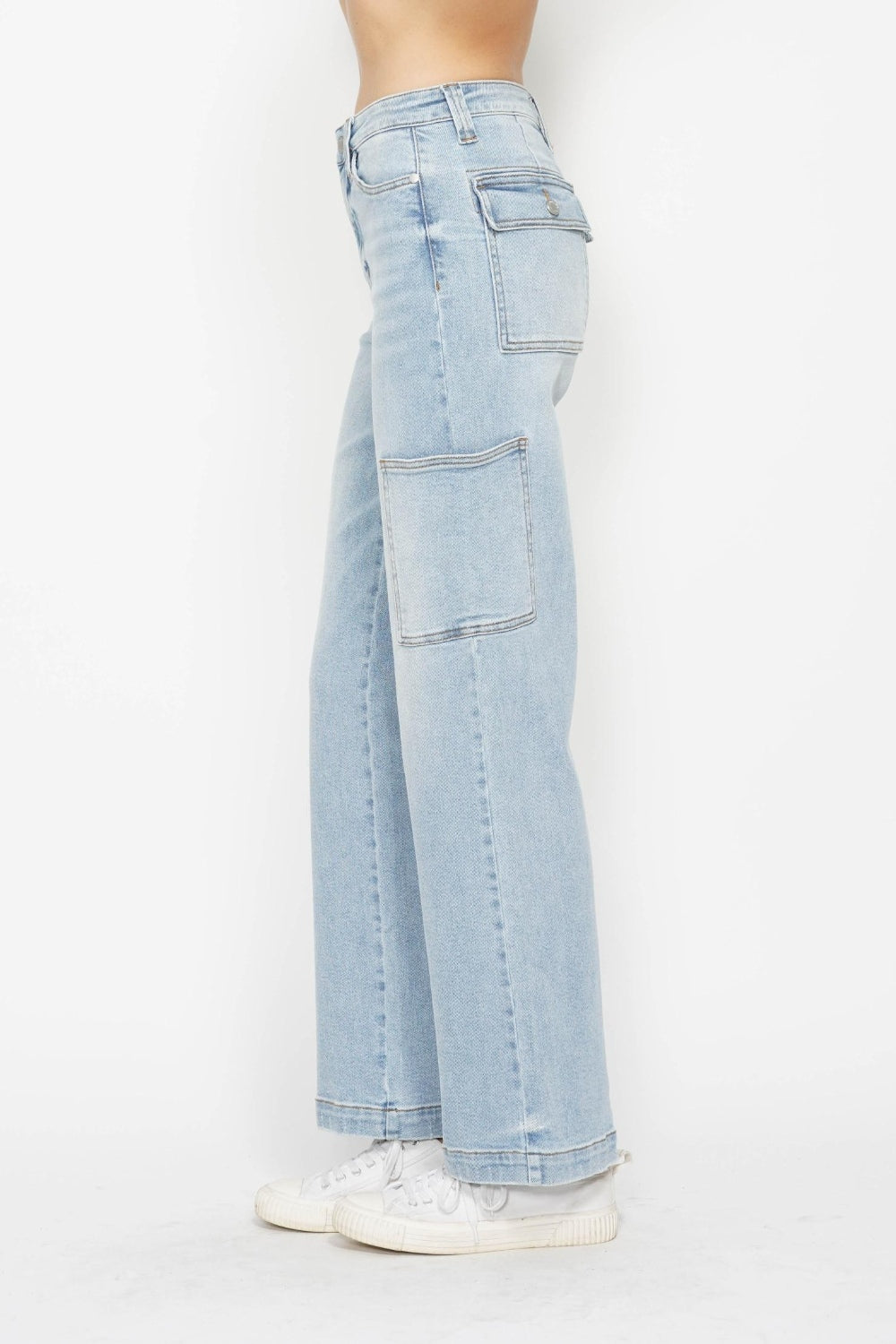 Light Denim High Waist Straight Cargo Jeans