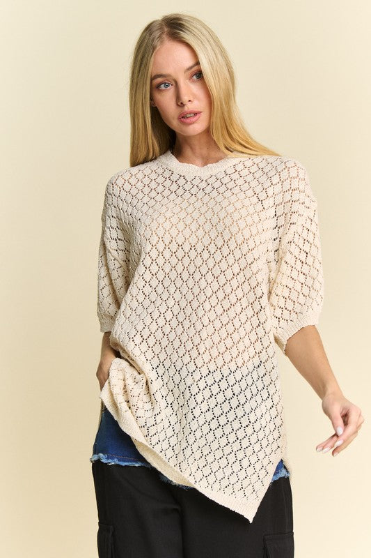 Side Slit Openwork Half Sleeve Knit Cover Up