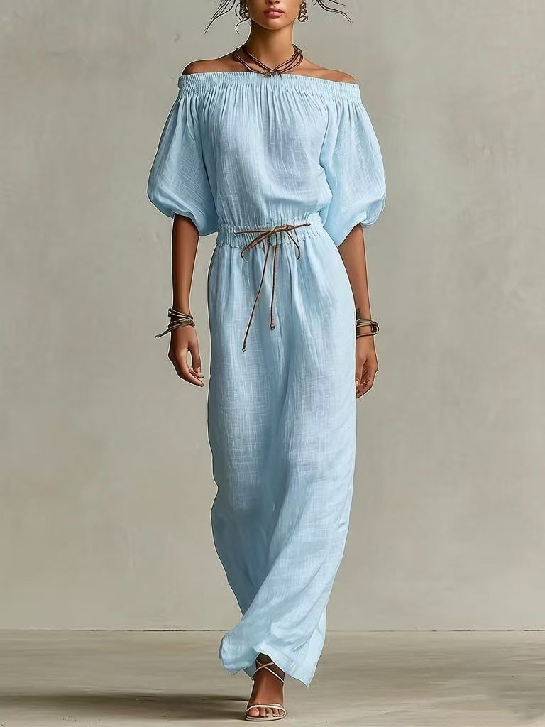Women's Linen Pants Suit | Solid Color Lantern Sleeve Set